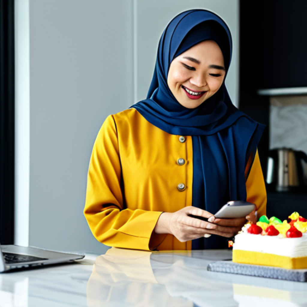 **

"A Malaysian woman, fully clothed in a modest baju kurung, using a smartphone to manage her online cake business. She's smiling, surrounded by colourful cakes in a bright, modern kitchen. In the background, a laptop displays sales data. Safe for work, appropriate content, perfect anatomy, natural proportions, professional, family-friendly."

**