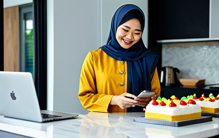 **

"A Malaysian woman, fully clothed in a modest baju kurung, using a smartphone to manage her online cake business. She's smiling, surrounded by colourful cakes in a bright, modern kitchen. In the background, a laptop displays sales data. Safe for work, appropriate content, perfect anatomy, natural proportions, professional, family-friendly."

**