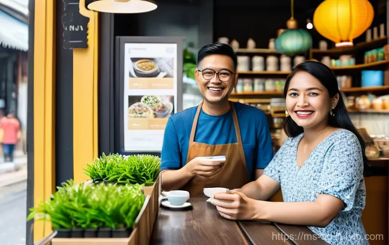 마이크로 프랜차이즈의 온라인 마케팅 기법 - **A vibrant scene of a young Malay female entrepreneur, in her late 20s, wearing a stylish modest hi...
