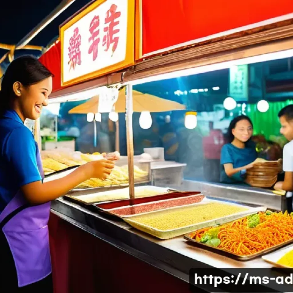 마이크로 프랜차이즈와 데이터 분석 활용 - **Prompt:** A vibrant, bustling scene at a modern Malaysian micro-franchise food stall located withi...