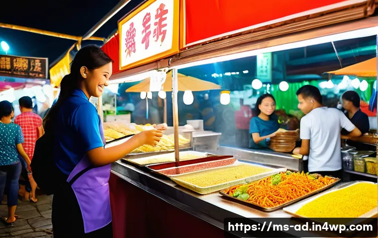 마이크로 프랜차이즈와 데이터 분석 활용 - **Prompt:** A vibrant, bustling scene at a modern Malaysian micro-franchise food stall located withi...