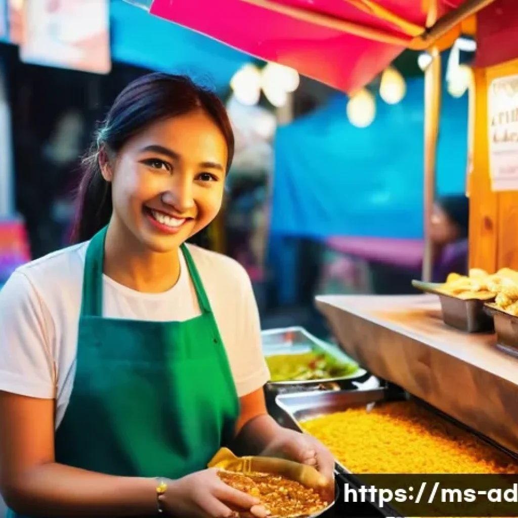 마이크로 프랜차이즈에 대한 소비자 인식 - A vibrant Malaysian night market scene featuring a young female micro franchise entrepreneur running...