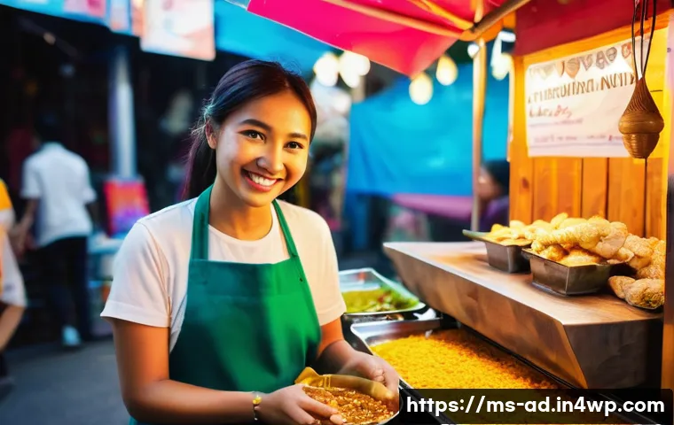 마이크로 프랜차이즈에 대한 소비자 인식 - A vibrant Malaysian night market scene featuring a young female micro franchise entrepreneur running...