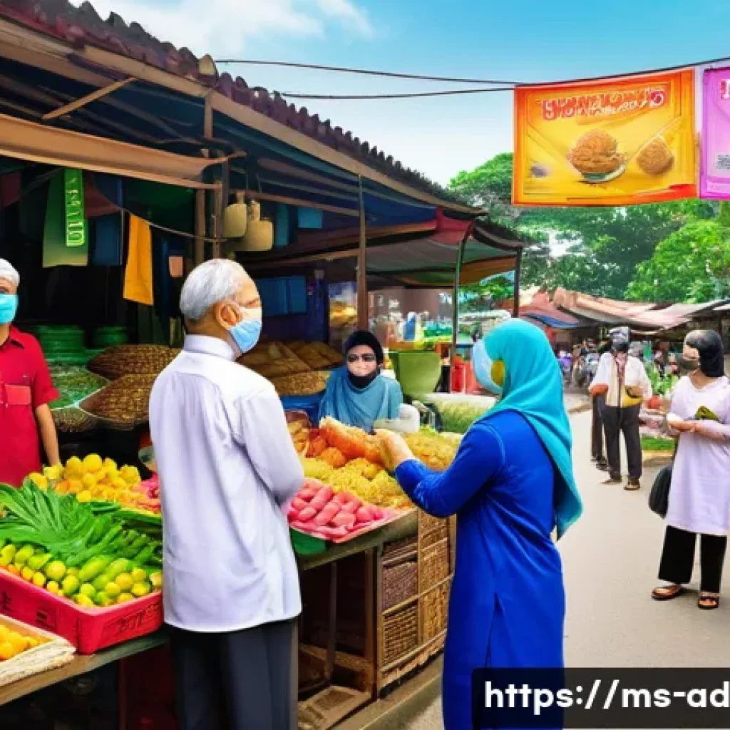 마이크로 프랜차이즈와 지역사회 발전 - A vibrant Malaysian local market scene featuring diverse micro franchise entrepreneurs operating sma...