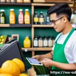마이크로 프랜차이즈 비즈니스 모델 - A young Malaysian entrepreneur operating a small branded business stall at a busy local market, wear...