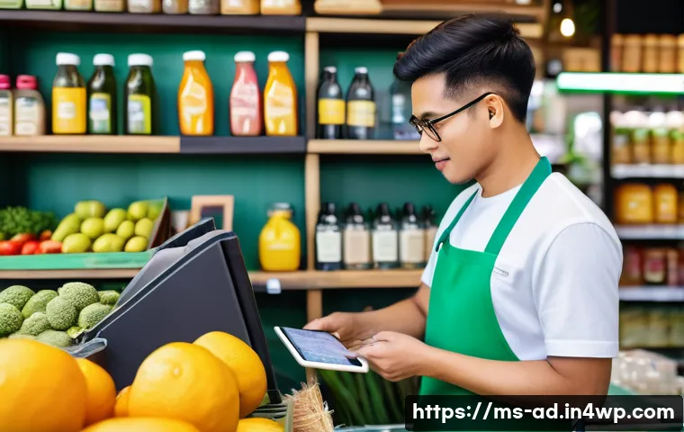 마이크로 프랜차이즈 비즈니스 모델 - A young Malaysian entrepreneur operating a small branded business stall at a busy local market, wear...