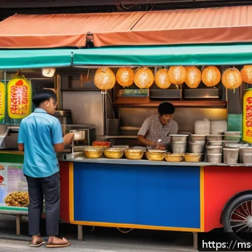 마이크로 프랜차이즈 창업자 경험담 - A vibrant Malaysian street scene featuring a young entrepreneur operating a micro franchise food sta...