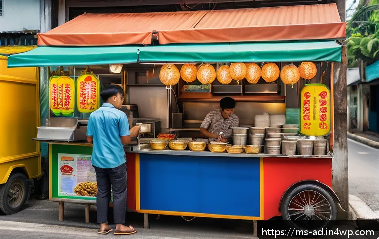 마이크로 프랜차이즈 창업자 경험담 - A vibrant Malaysian street scene featuring a young entrepreneur operating a micro franchise food sta...