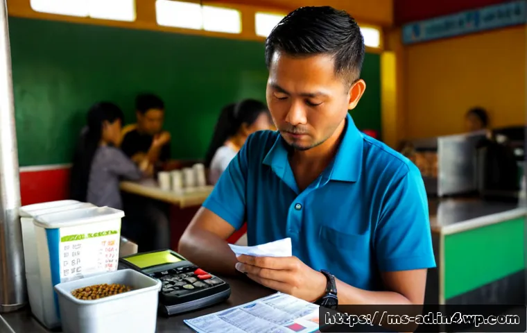 Home 17 마이크로 프랜차이즈 운영 중 발생할 수 있는 문제 - Photorealistic small Malaysian beverage kiosk owner in a modest urban food court, seated behind a ti...